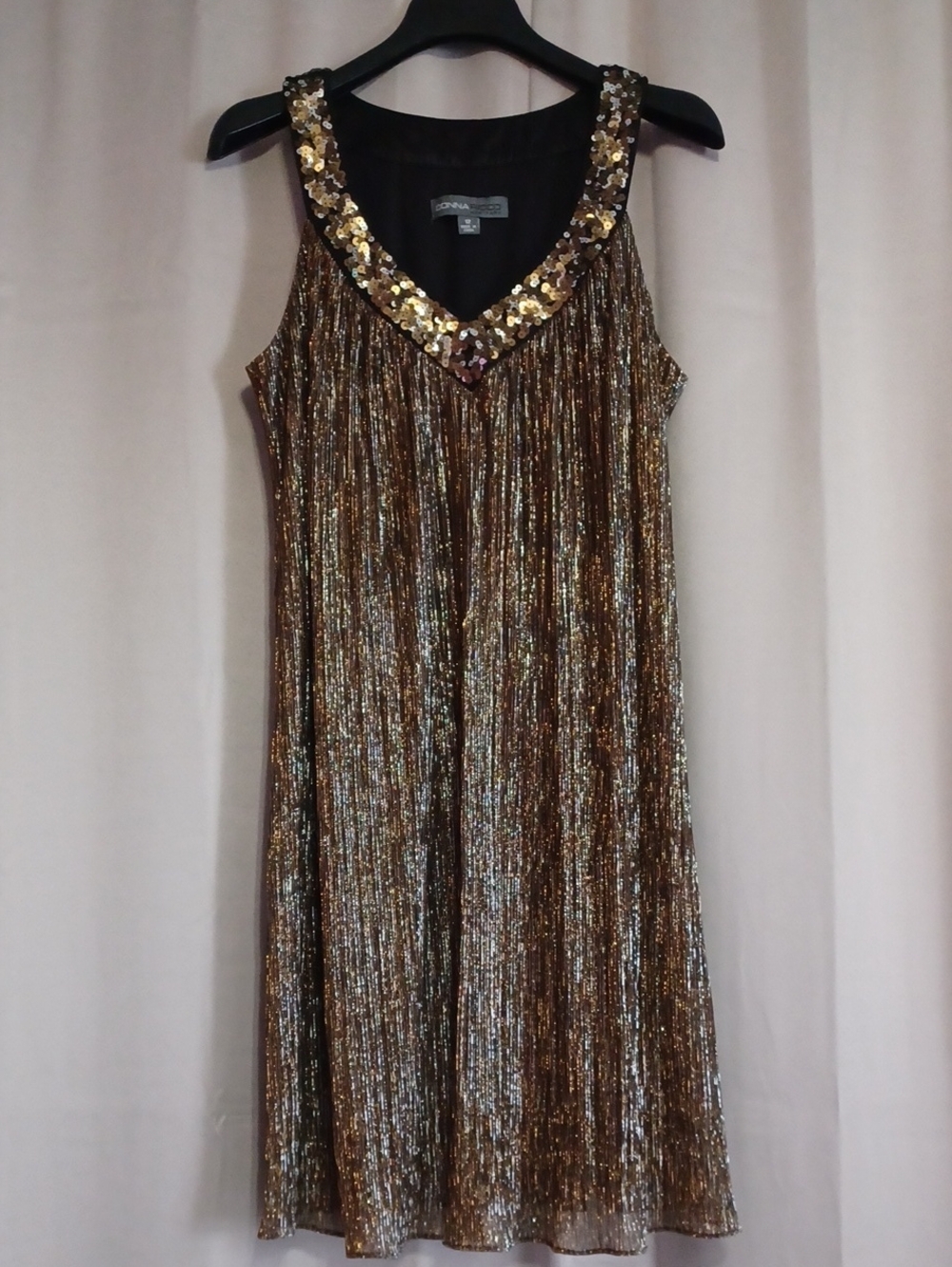 Donna Ricco Metallic Bronze Plisse Shift Dress Sequin V-Neck Party Size 12